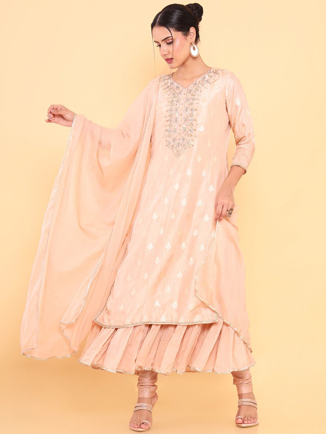 Dhiyona SO Women's Women Peach-Coloured Ethnic Motifs Yoke Design Layered Kurta with Churidar