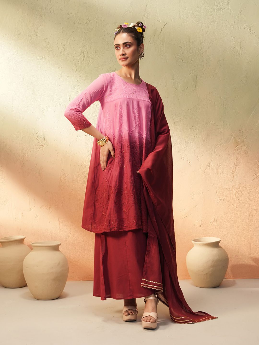 Dhiyona IS Women's Women Ombre Embroidered Regular Thread Work Pure Cotton Kurta with Palazzos & With Dupatta