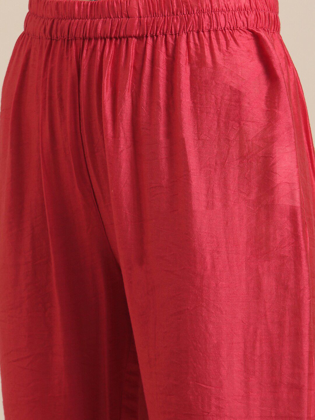 Dhiyona VA Women's Red & Gold-Toned Floral Embroidered Mirror Work Pleated Kurta With Trousers