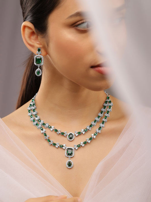 Dhiyona RJ Women's Rhodium-Plated Emerald Green & White Cubic Zirconia Studded Luxe Layer Necklace Set