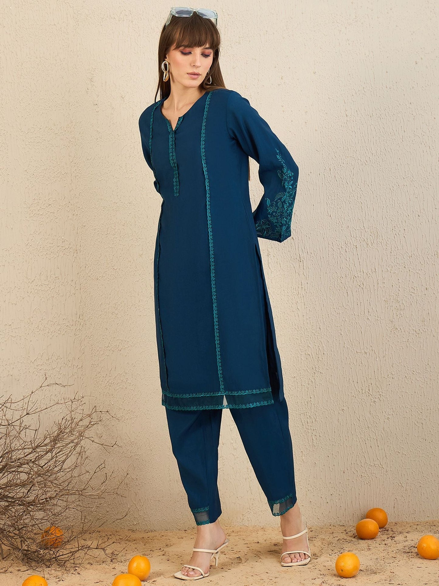 Dhiyona IE Ethnic Motifs Embroidered Flared Sleeves Notch Neck Straight Kurta with Trousers