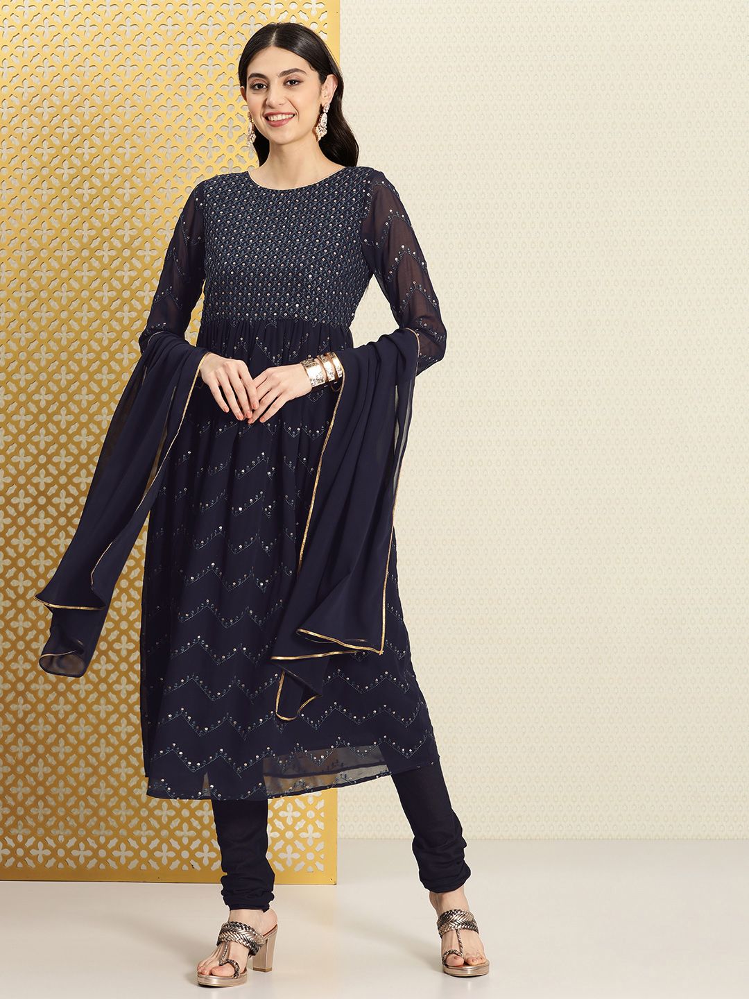 Dhiyona PD Women Jashn Ethnic Motifs Embroidered Sequinned Kurta & Churidar With Dupatta