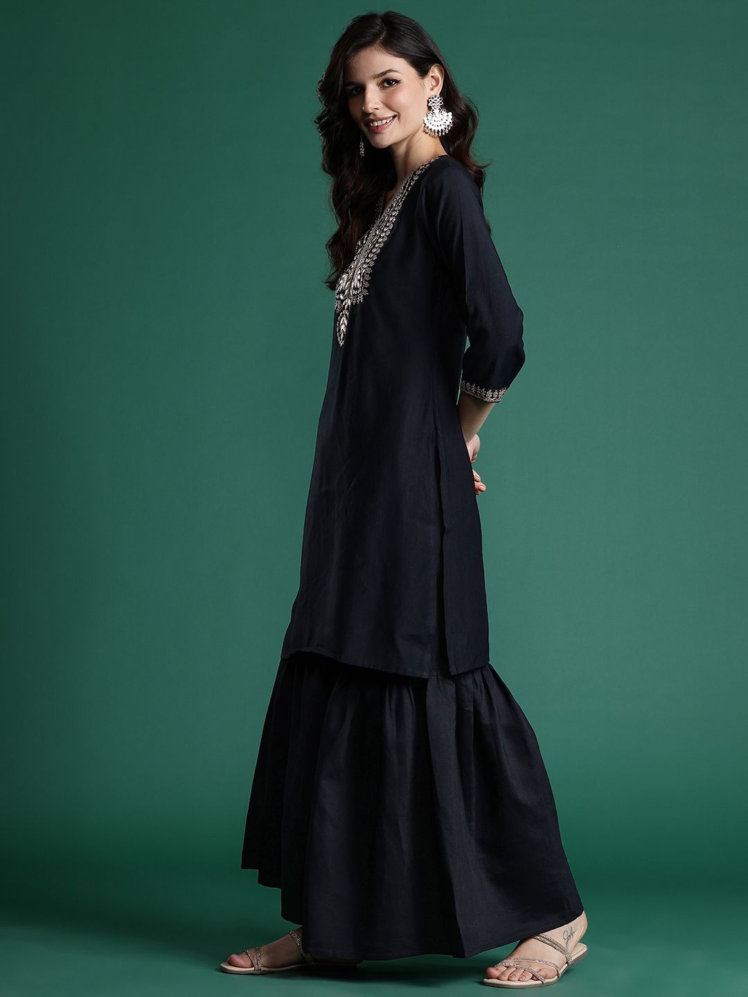 Dhiyona IE Ethnic Motifs Zari Embroidered Liva Kurta With Sharara & Dupatta