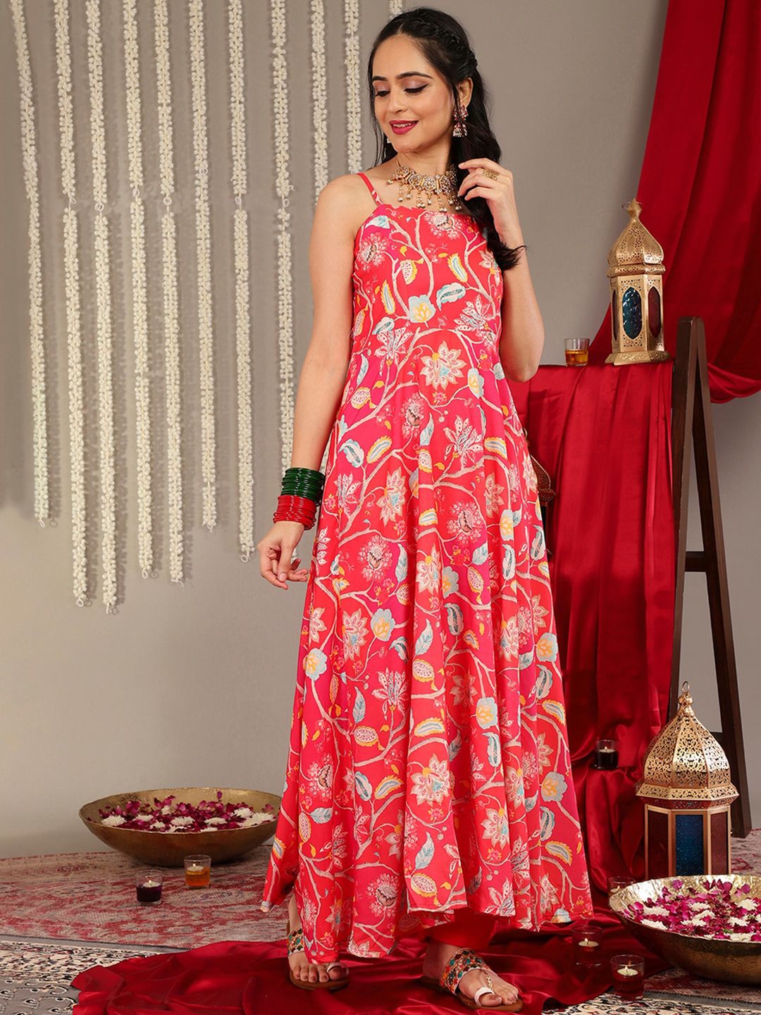 Dhiyona VA Women'sFloral Printed Shoulder Straps Anarkali Kurta & Trousers With Dupatta