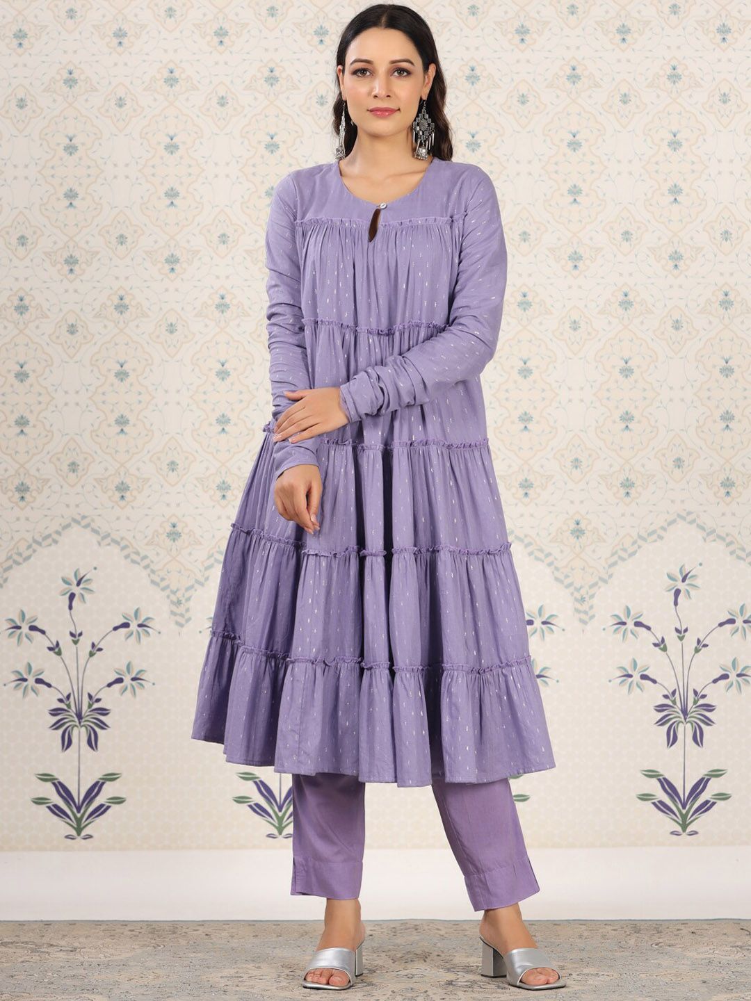 Dhiyona OD Keyhole Neck A-Line Tiered Woven Design Pure Cotton Kurta Set