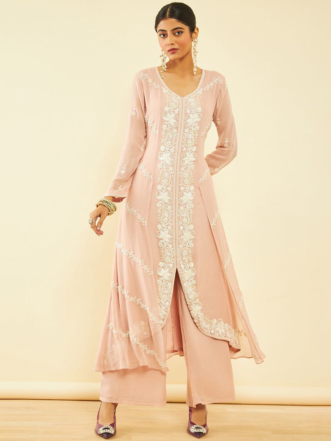 Dhiyona SO Women's Alina Cut Floral Embroidered Beads and Stones Kurta & Palazzos With Dupatta