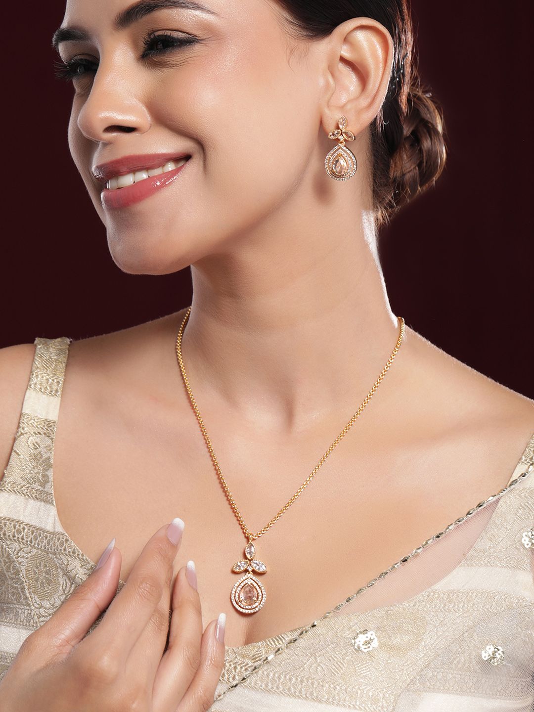 Dhiyona RJ Women's 22K Gold-Plated Grey Stone and White Cubic Zirconia Studded Pendant Jewellery Set