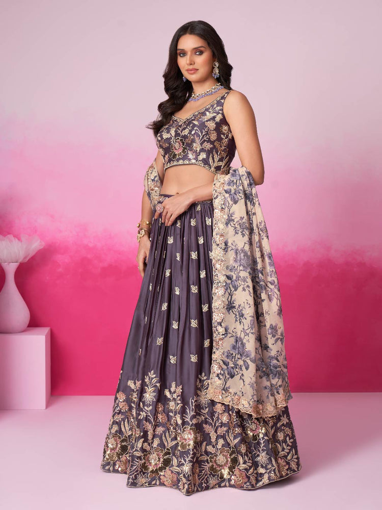 Women Purple Satin silk Sequins embroidery Lehenga choli & Dupatta