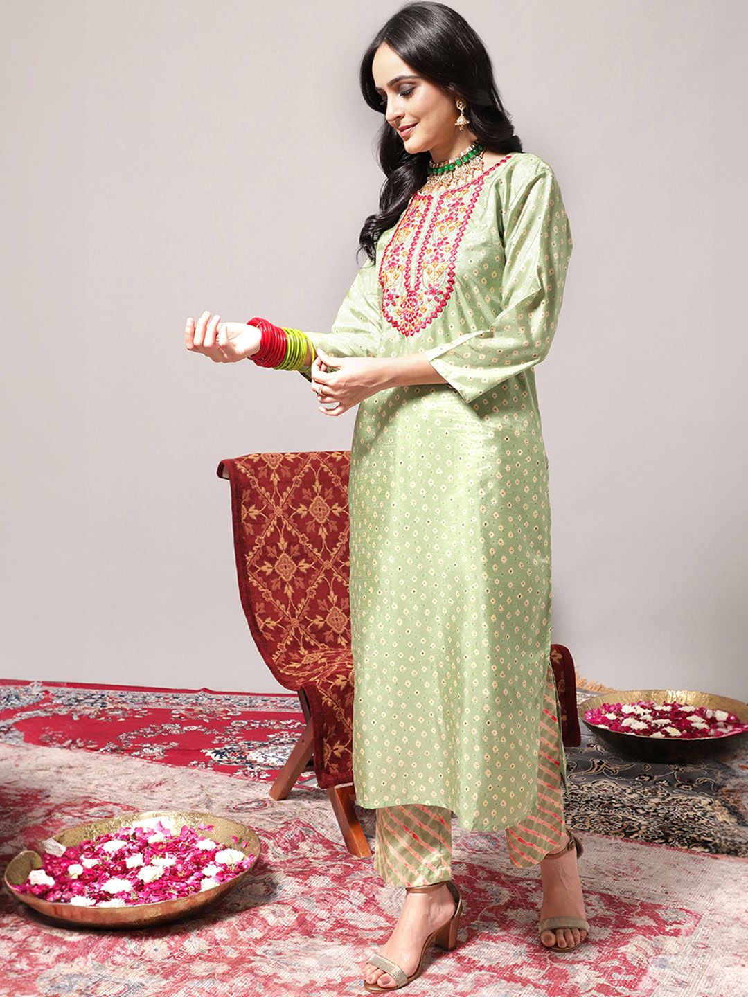 Dhiyona VA Women's Green Leheriya Embroidered Mirror Work Kurta with Trousers & With Dupatta