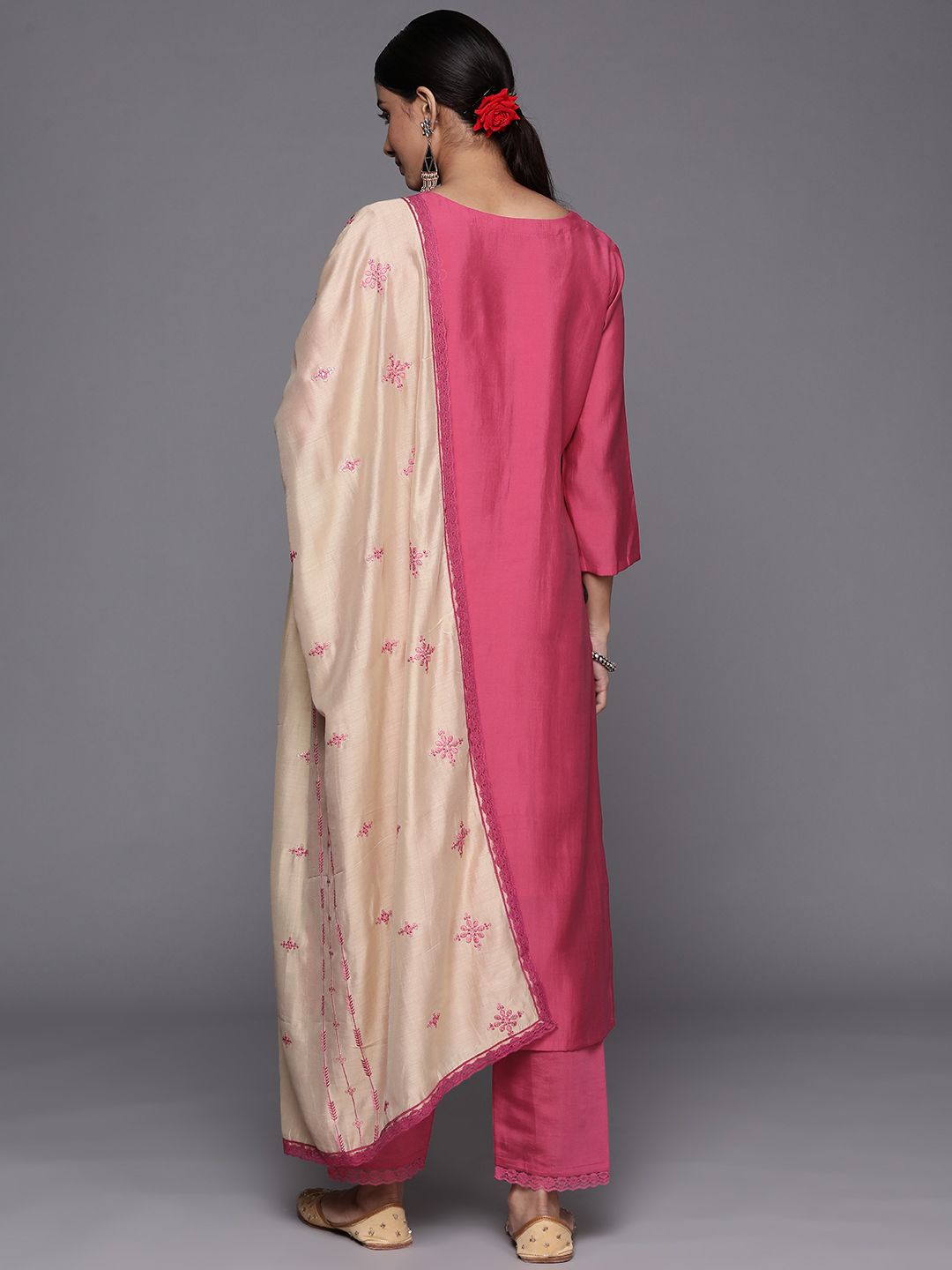 Dhiyona VA Women's Pink Ethnic Motifs Embroidered Thread Work Kurta with Trousers & With Dupatta