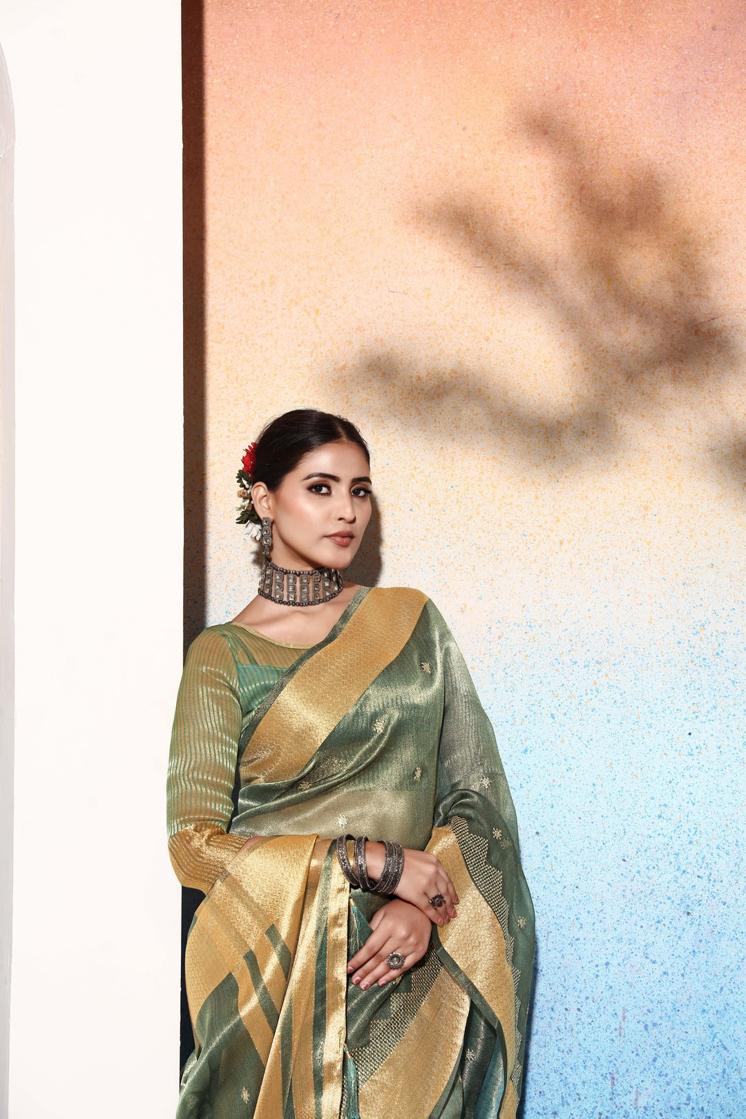 Dhiyona GR Women's Kalki Bottle Green Tissue Cotton Silk Saree