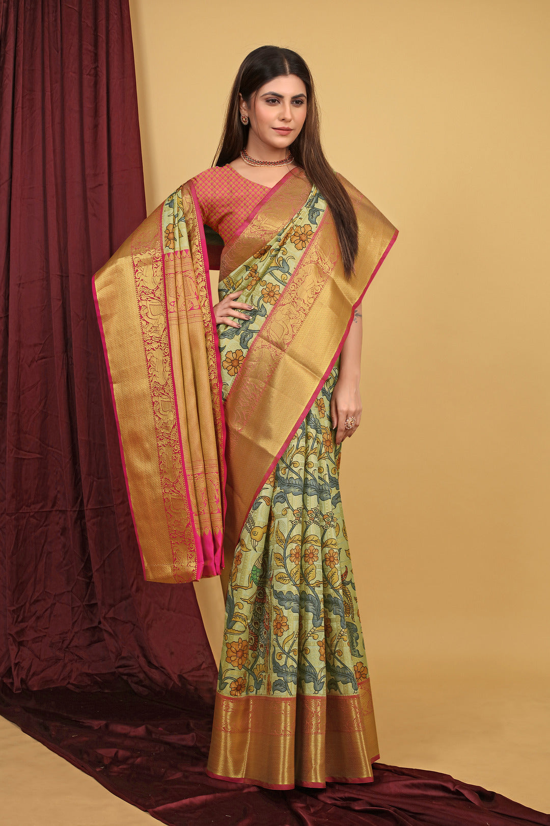 Dhiyona GR Women's Pista Green Kalamkari Silk Saree