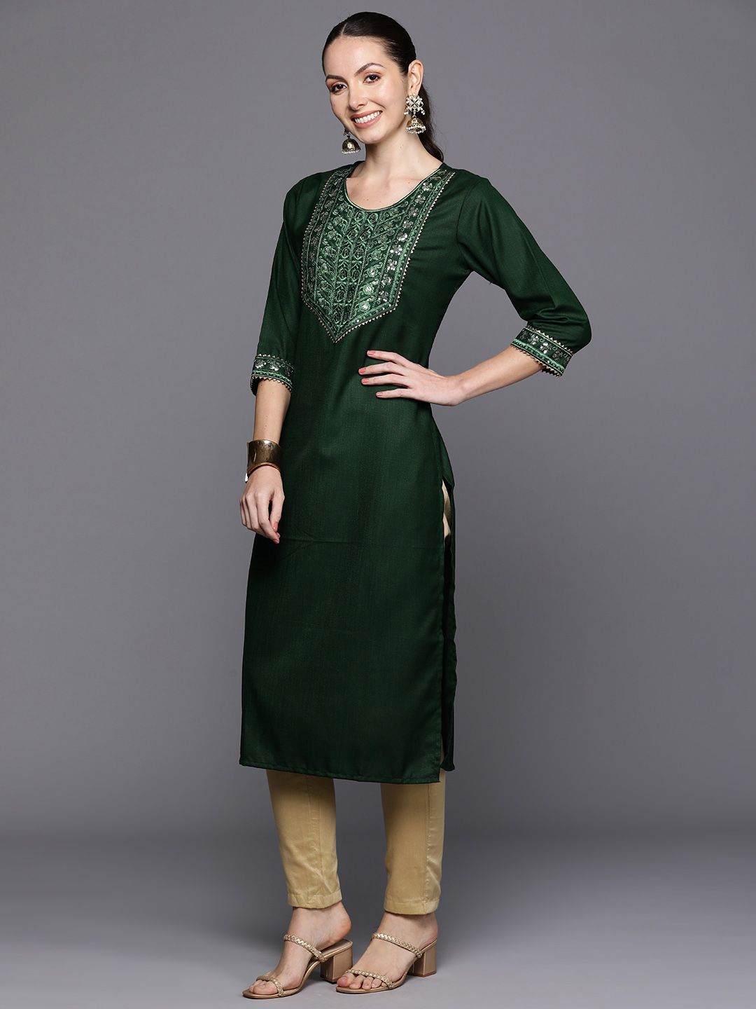 Dhiyona IE Ethnic Motifs Embroidered Sequinned Detail Straight Kurta