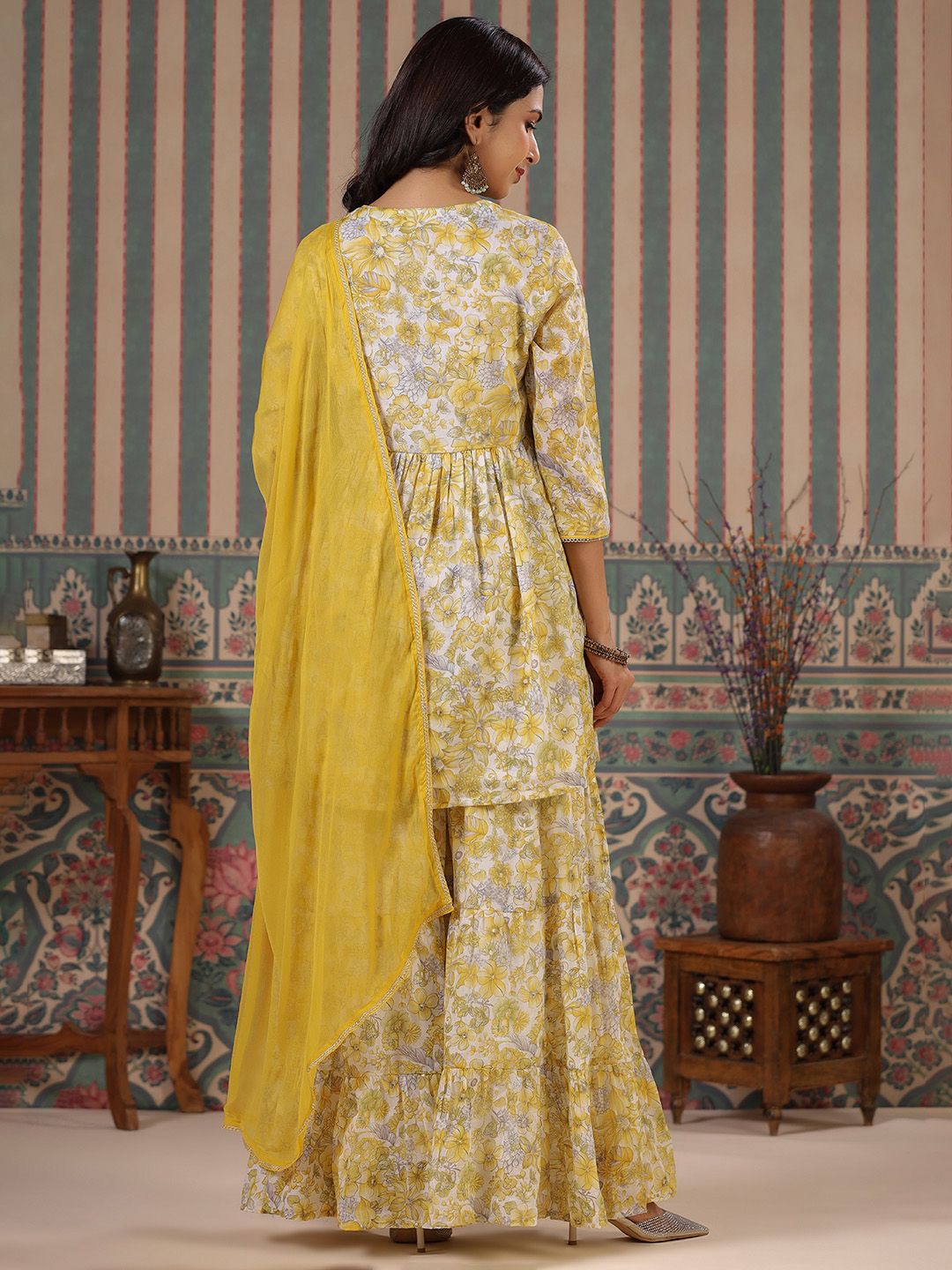 Dhiyona IS Women's Floral Printed V-Neck Empire Pure Cotton A-Line Kurti With Sharara & Dupatta