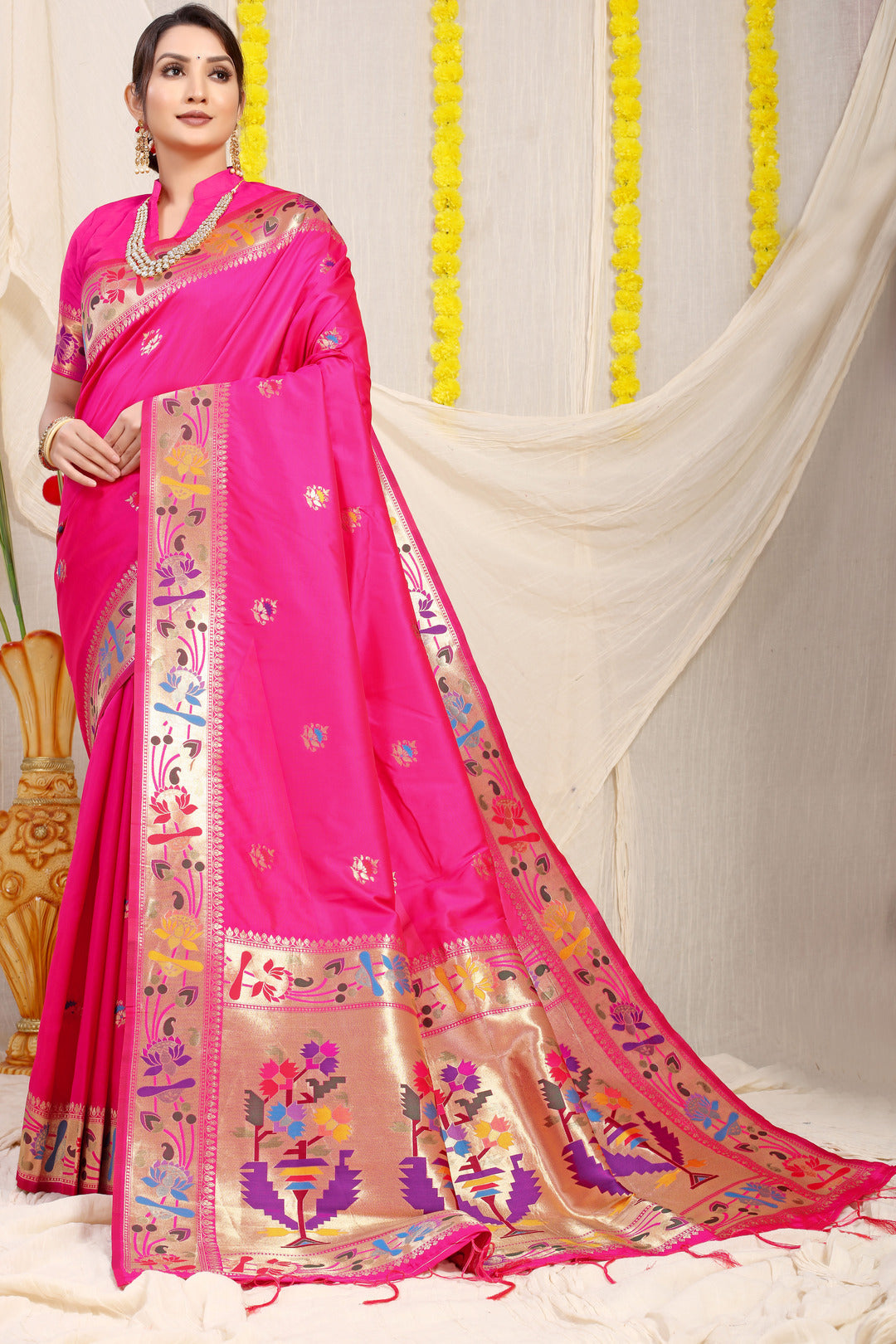 Dhiyona GR Women's Lotus Rani Pink Zari Paithani Silk Saree