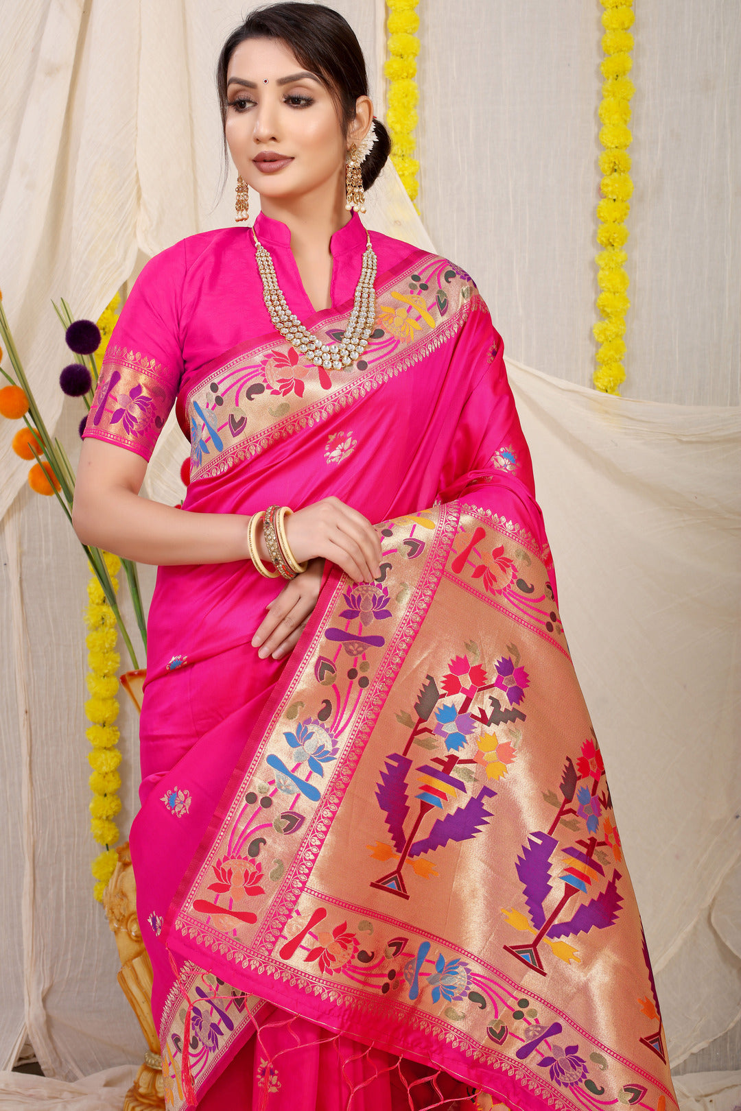 Dhiyona GR Women's Lotus Rani Pink Zari Paithani Silk Saree