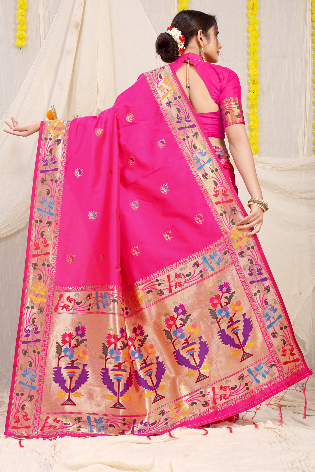 Dhiyona GR Women's Lotus Rani Pink Zari Paithani Silk Saree