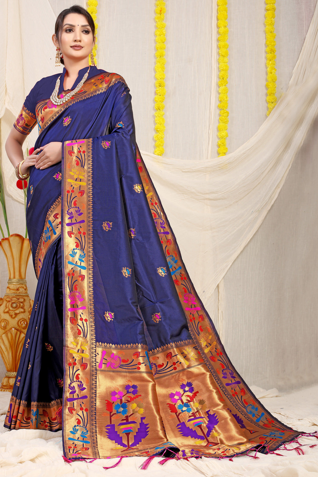 Dhiyona GR Women's Lotus Navy Zari Paithani Silk Saree