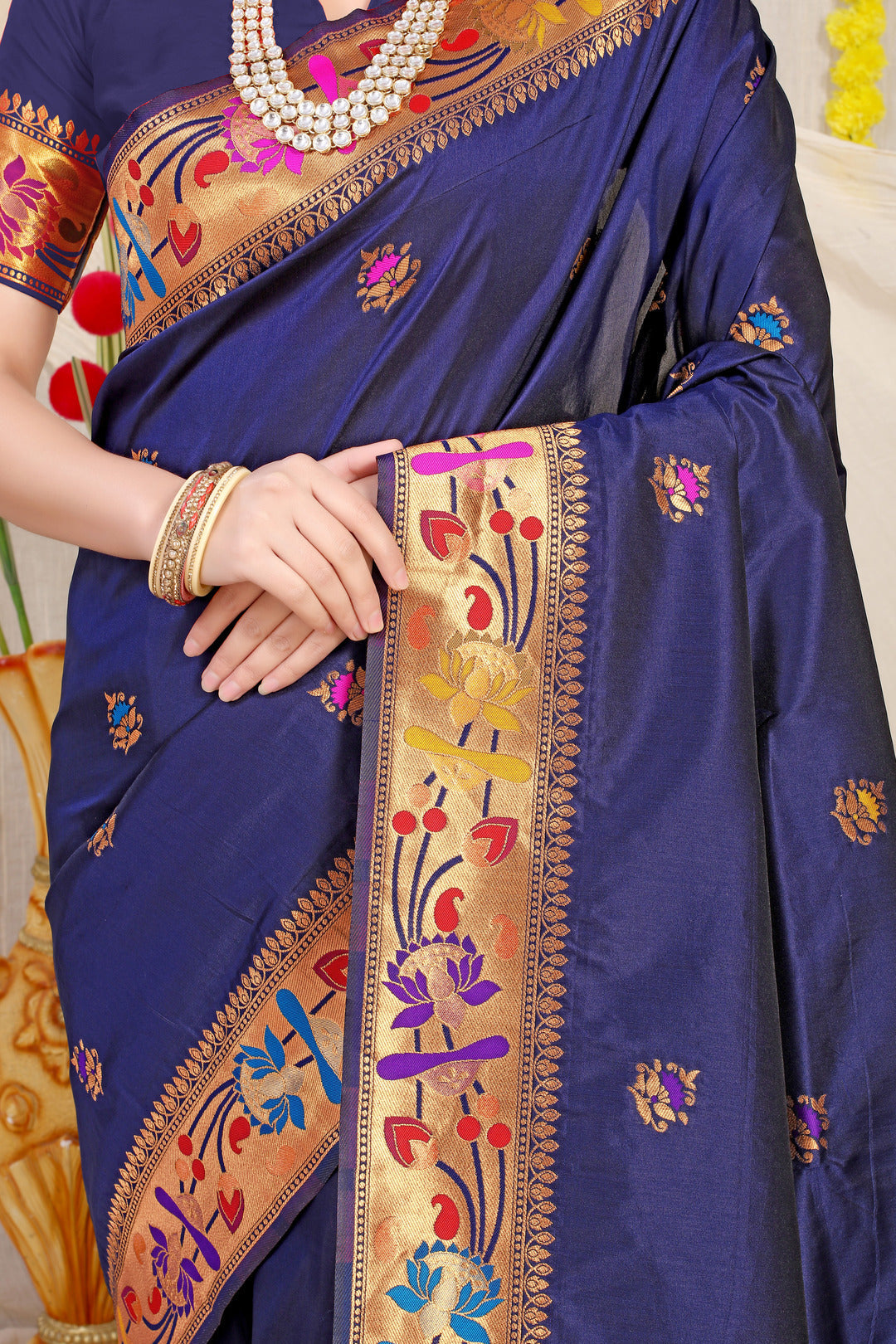 Dhiyona GR Women's Lotus Navy Zari Paithani Silk Saree