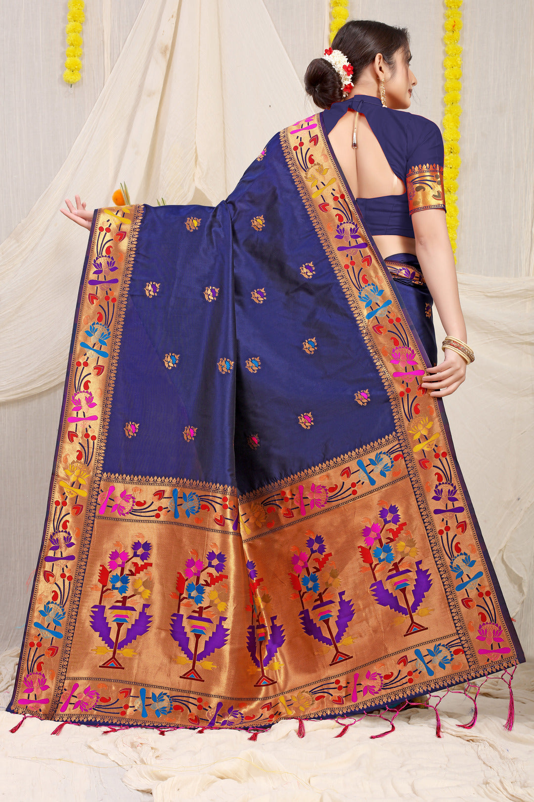 Dhiyona GR Women's Lotus Navy Zari Paithani Silk Saree