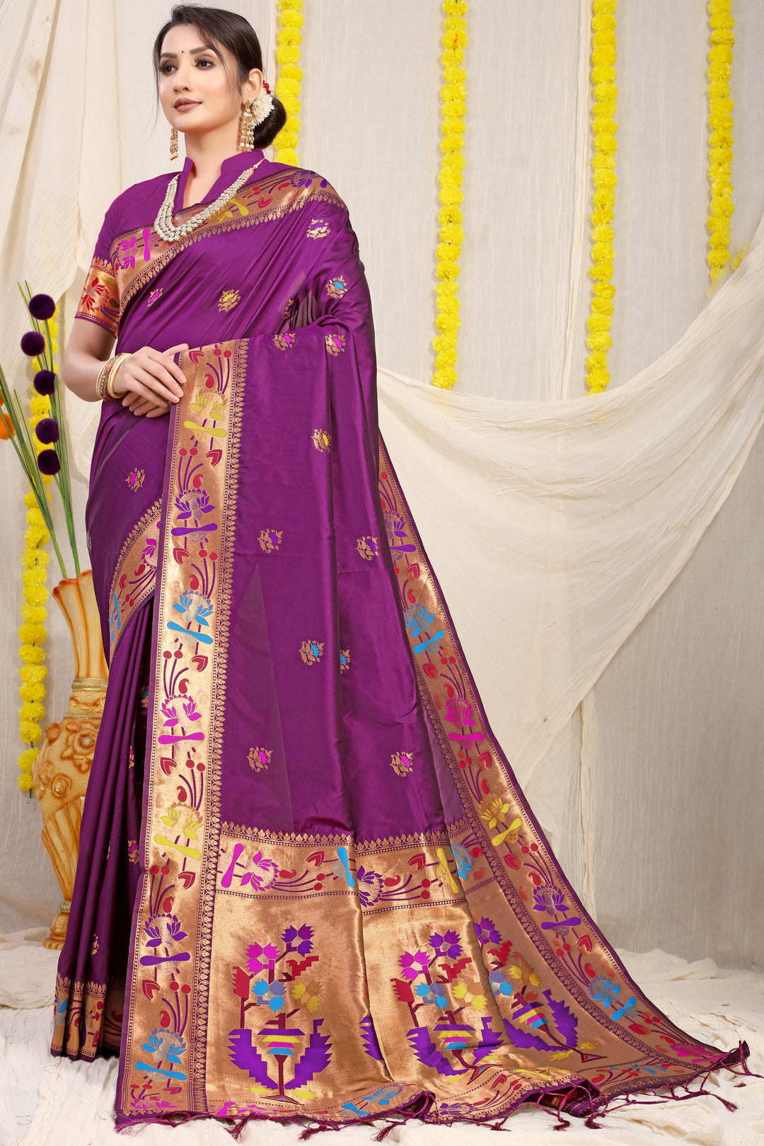 Dhiyona GR Women's Lotus Wine Zari Paithani Silk Saree