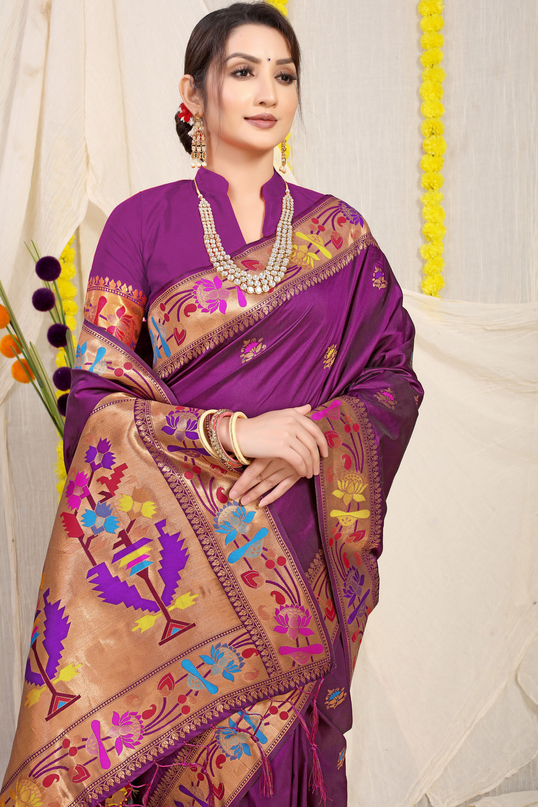 Dhiyona GR Women's Lotus Wine Zari Paithani Silk Saree