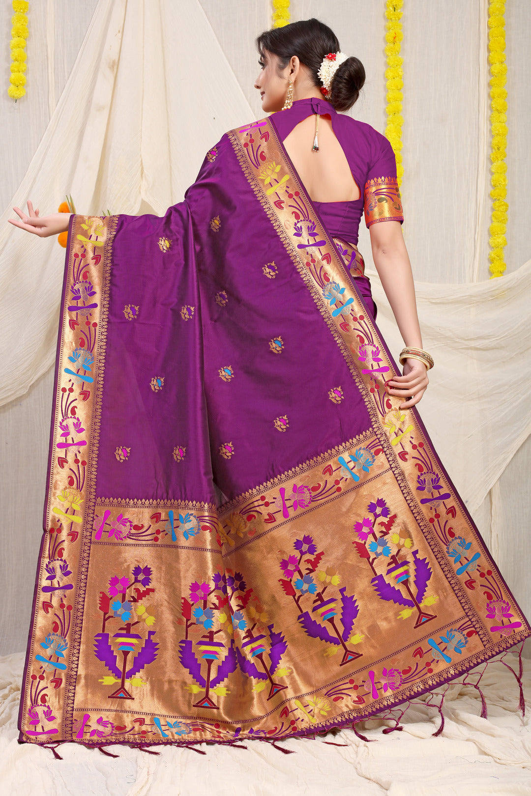 Dhiyona GR Women's Lotus Wine Zari Paithani Silk Saree