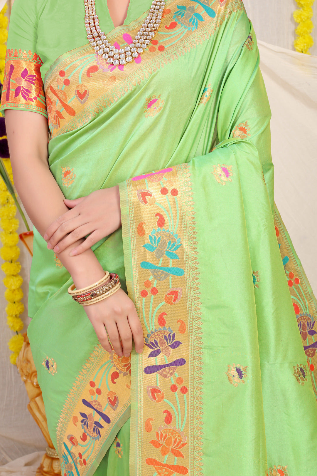 Dhiyona GR Women's Lotus Pista Green Zari Paithani Silk Saree