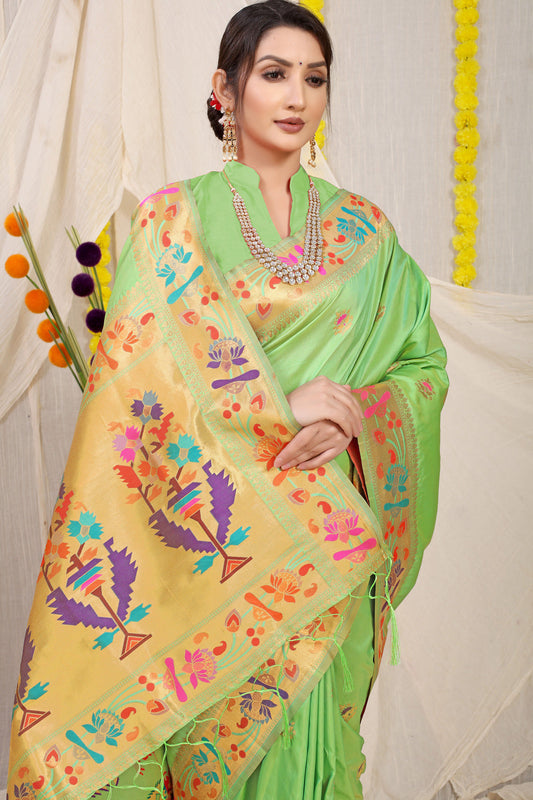 Dhiyona GR Women's Lotus Pista Green Zari Paithani Silk Saree