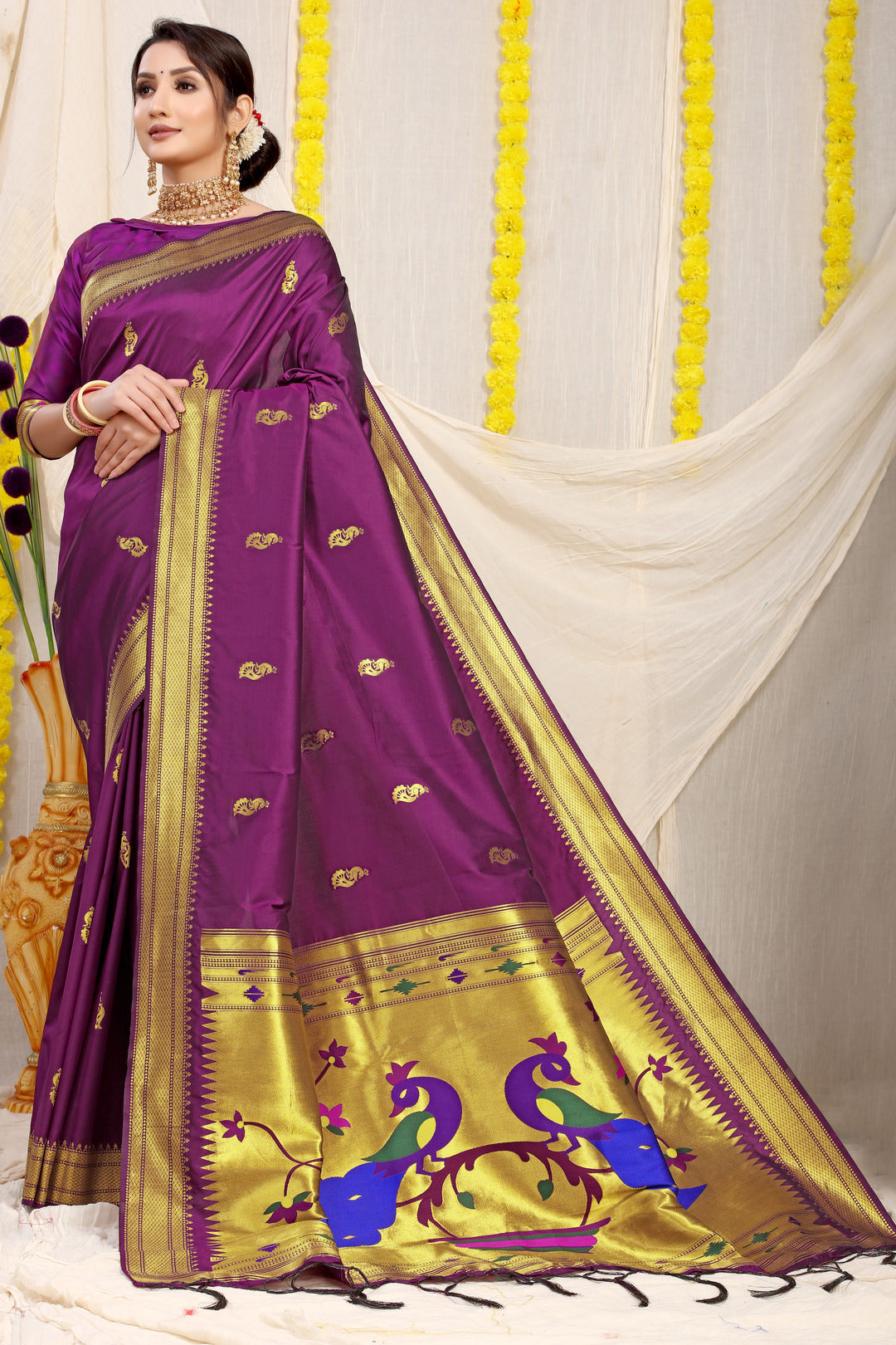Dhiyona GR Women's Gol Mor Wine Zari Paithani Silk Saree