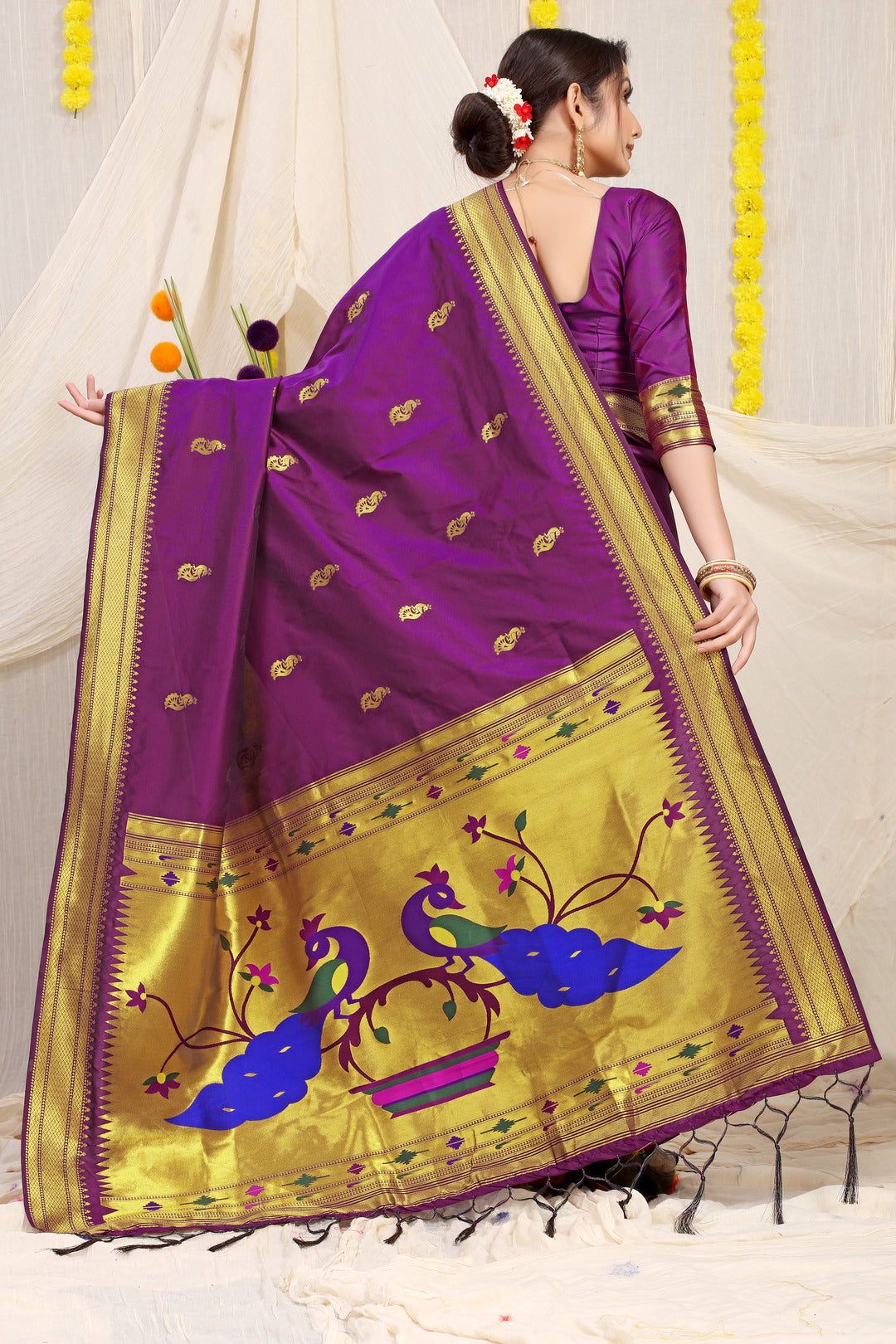 Dhiyona GR Women's Gol Mor Wine Zari Paithani Silk Saree