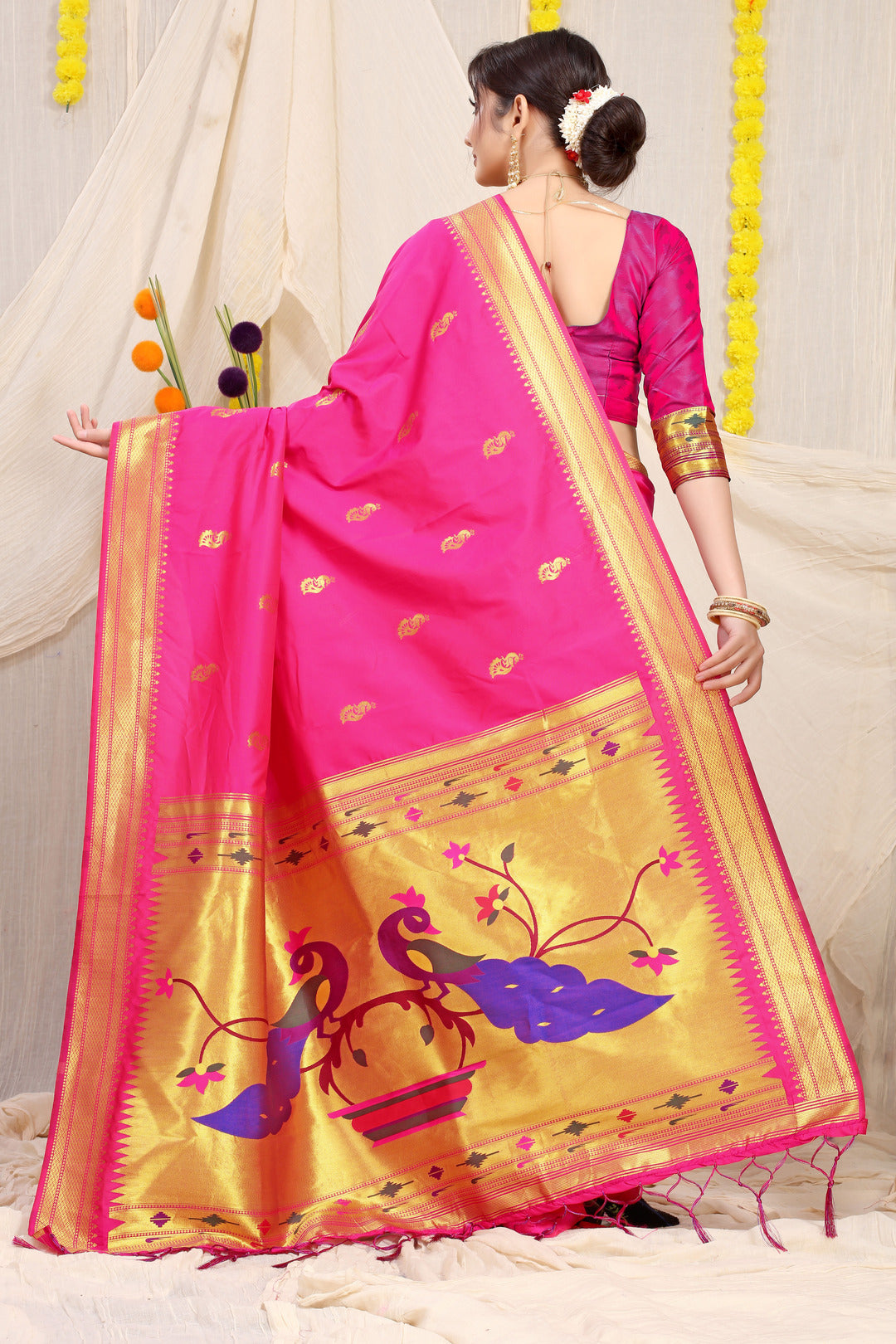 Dhiyona GR Women's Gol Mor Fuchsia Pink Zari Paithani Silk Saree