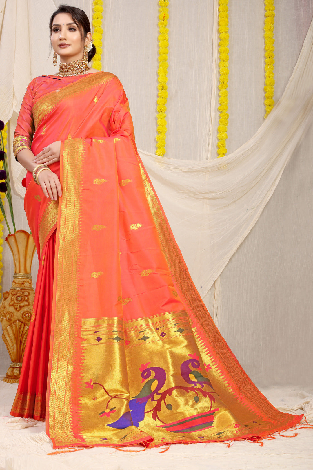 Dhiyona GR Women's Gol Mor Orange Zari Paithani Silk Saree