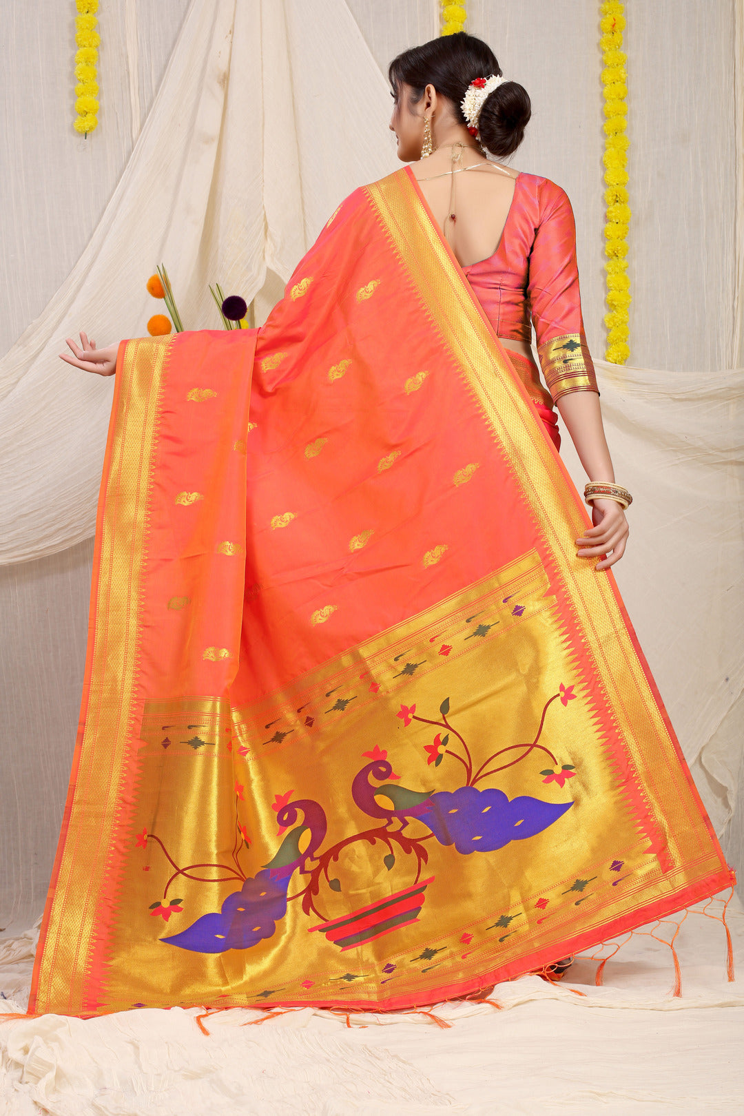 Dhiyona GR Women's Gol Mor Orange Zari Paithani Silk Saree