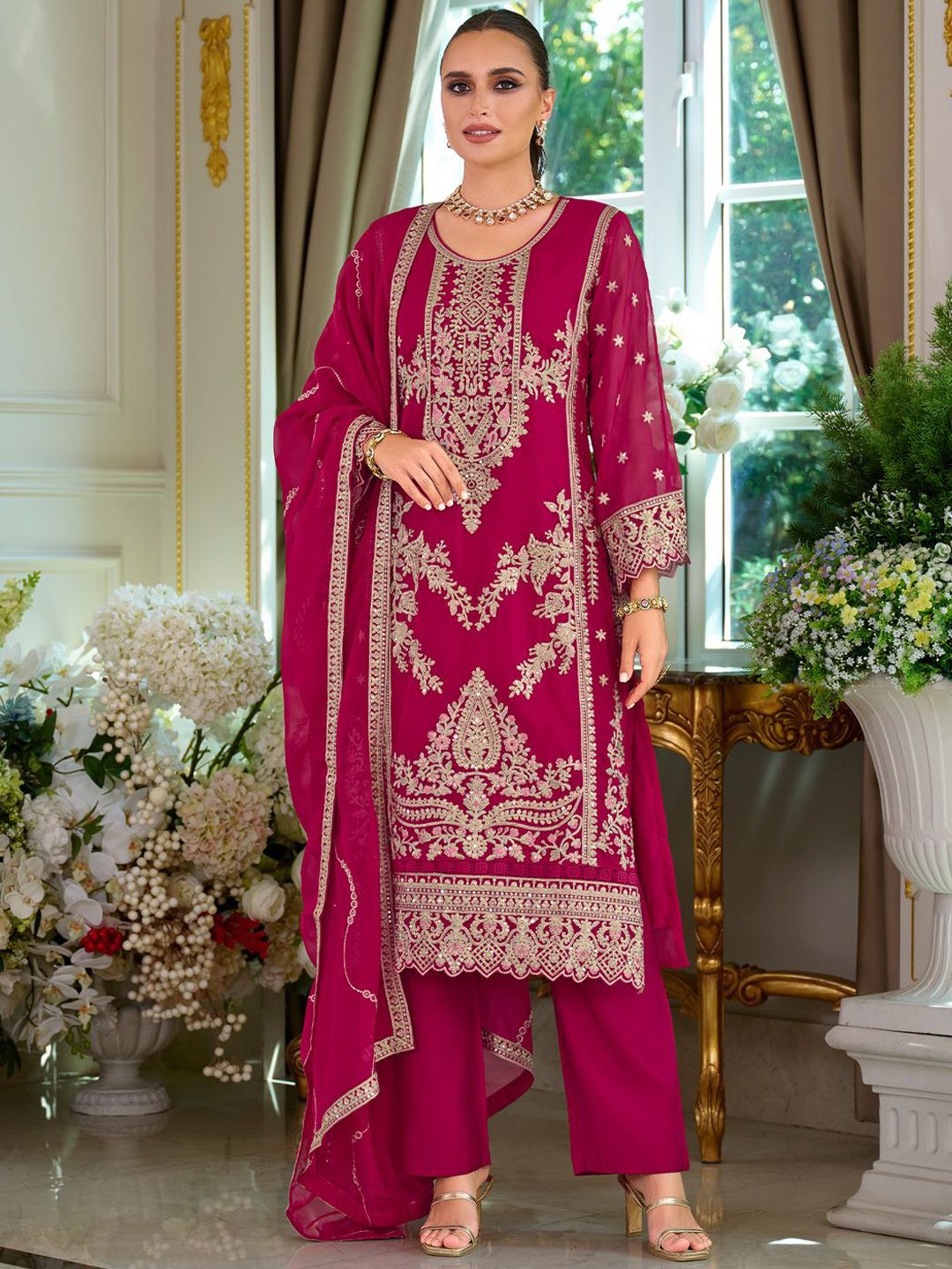 Dhiyona IE Women's Ethnic Motifs Embroidered Zari Kurta with Trousers & Dupatta