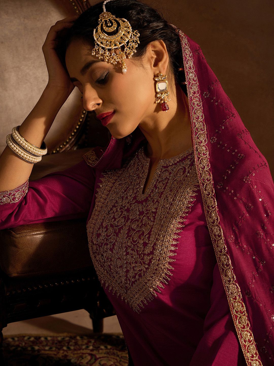 Dhiyona IE Red Floral Embroidered Regular Kurta with Trousers & Dupatta