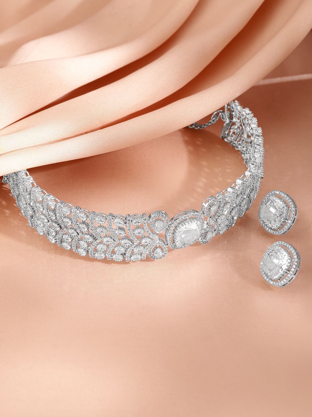 Dhiyona RJ Women's Rhodium-Plated Cubic Zirconia-Studded Choker Jewellery Set