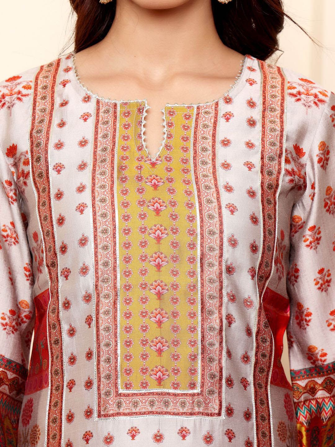 Dhiyona VA Women'sEthnic Motifs Printed Gotta Patti Notch Neck Chanderi Silk Kurta With Trousers