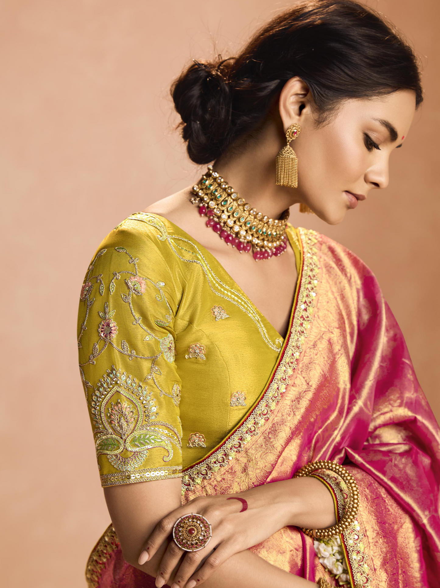 Dhiyona KM Women Red Kanjivaram Silk Saree With Lime Green Embroidered Blouse