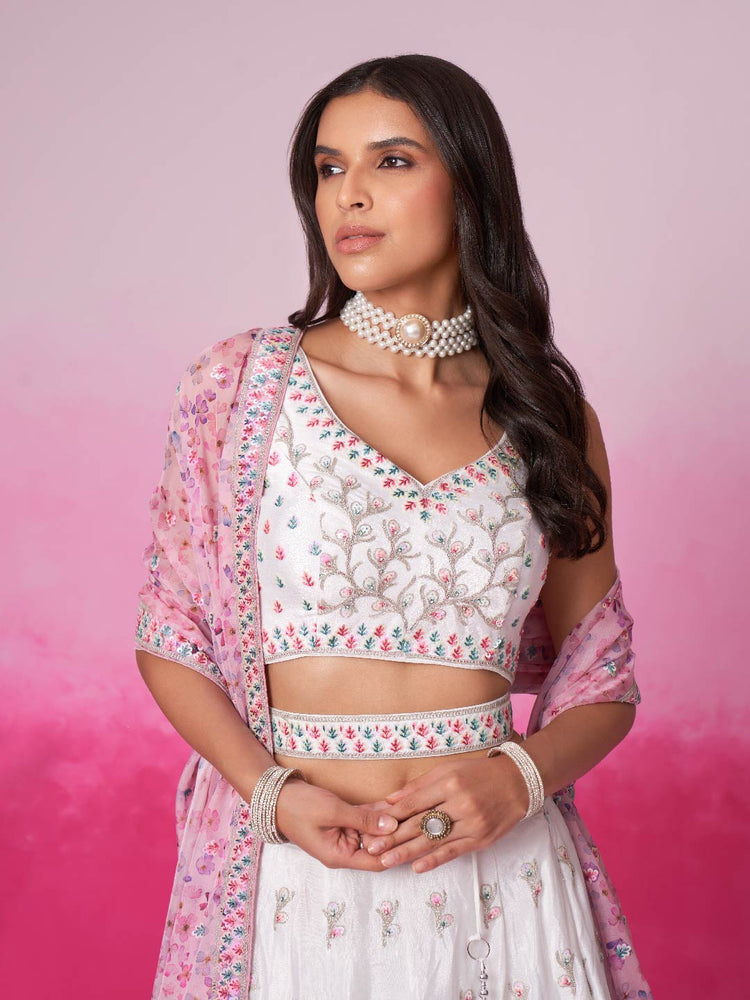 Women Cream Pure Chiffon Sequins and thread embroidery Lehenga choli & Dupatta