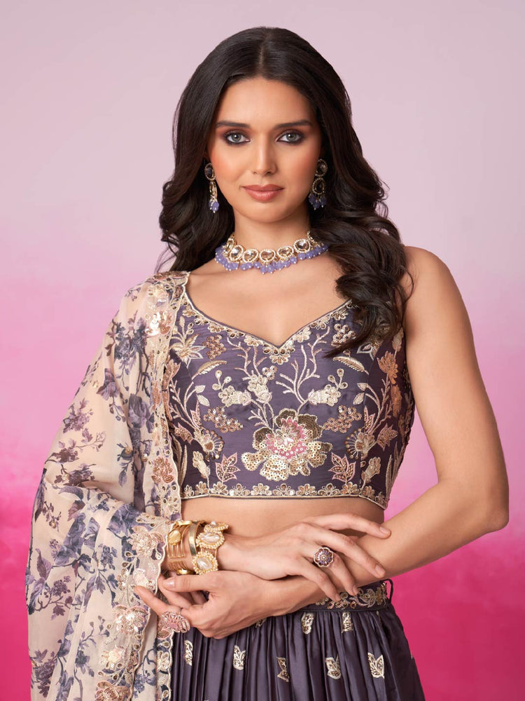 Women Purple Satin silk Sequins embroidery Lehenga choli & Dupatta