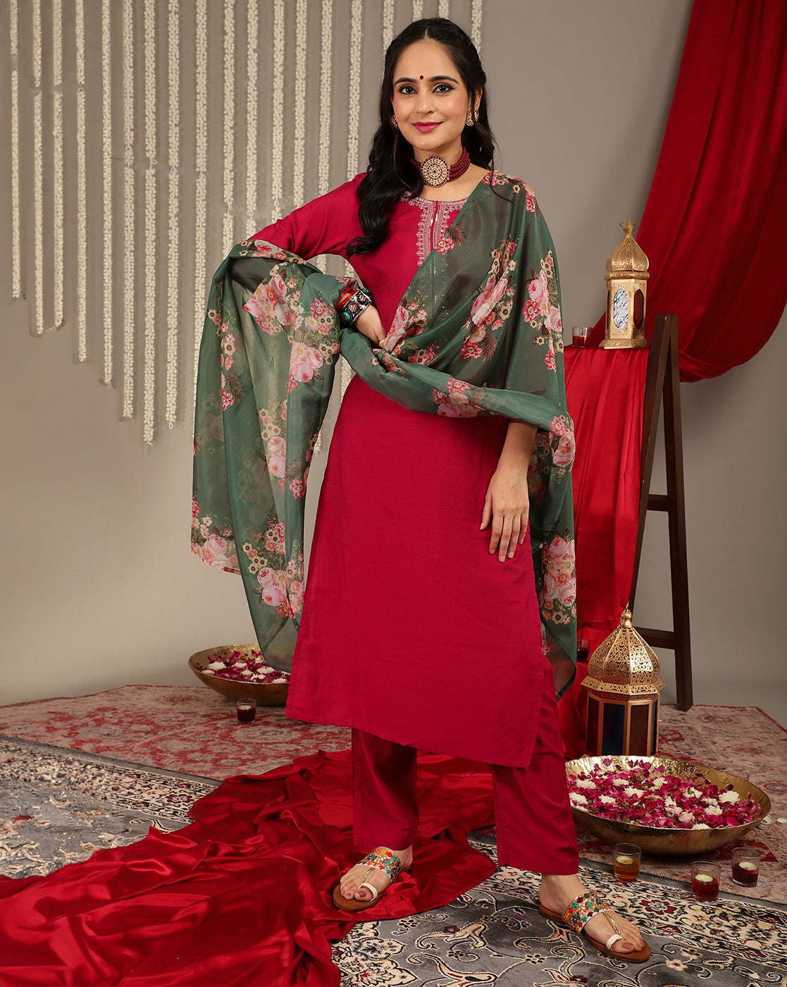 Dhiyona VR Women's Magenta Embroidered Kurta Paired With Straight Trouser And Digital Floral Printed Dupatta