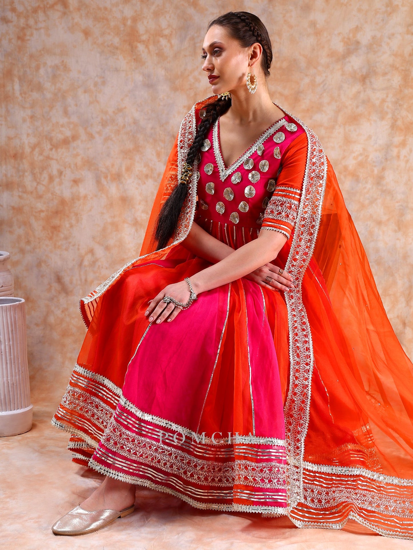 Dil Kash Orange Pink Double Shade Anarkali