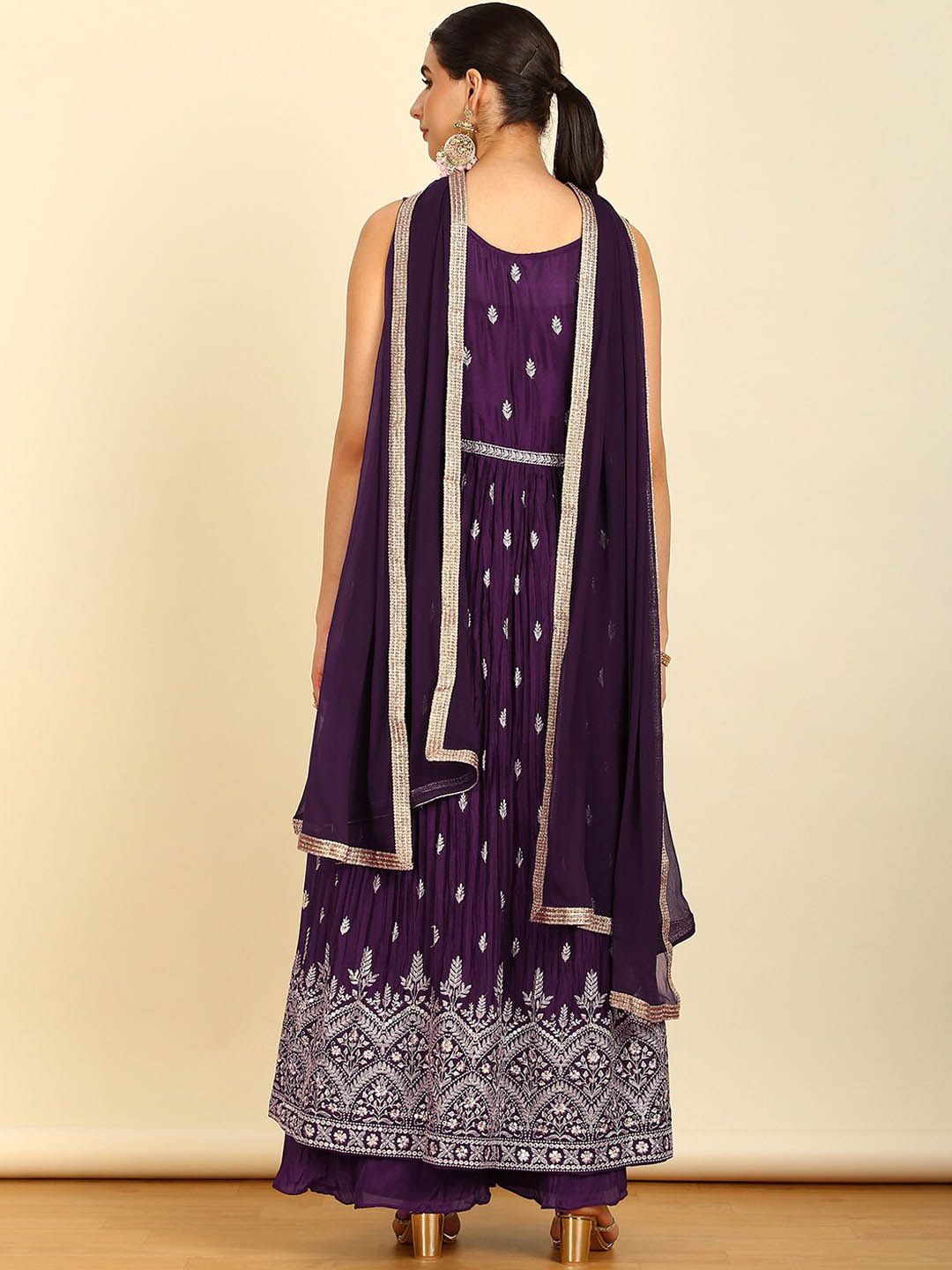 Dhiyona SO Women's Alina Cut Round Neck Ethnic Motifs Embroidered Pleated Beads and Stones Kurta Set