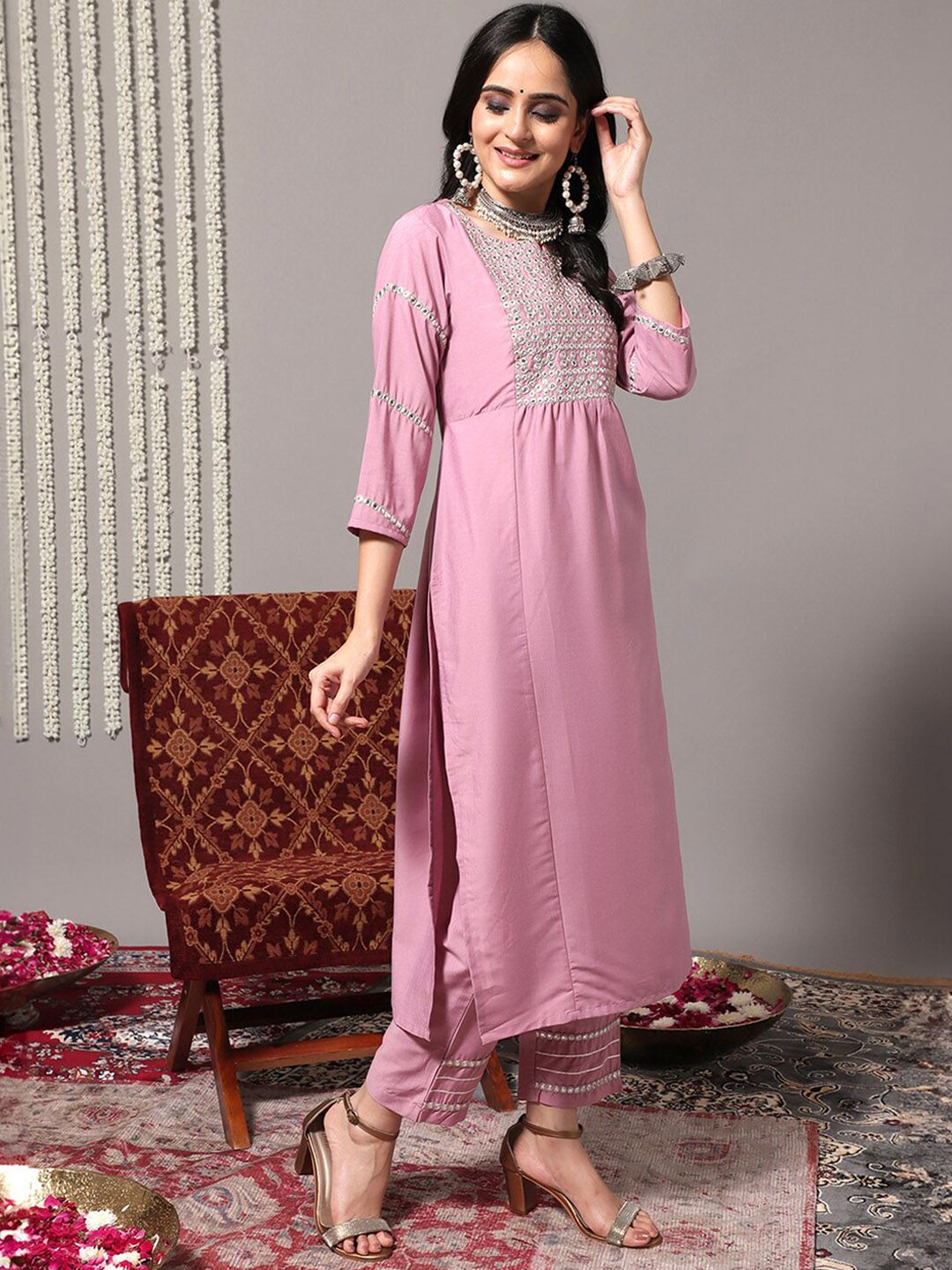 Dhiyona VA Women'sEthnic Motifs Yoke Design Mirror Work Straight Kurta With Trousers & Dupatta