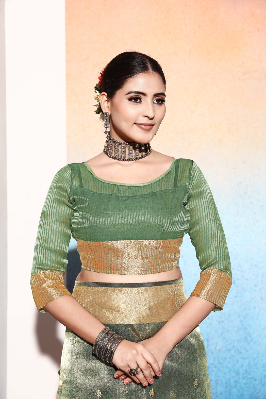 Dhiyona GR Women's Kalki Bottle Green Tissue Cotton Silk Saree