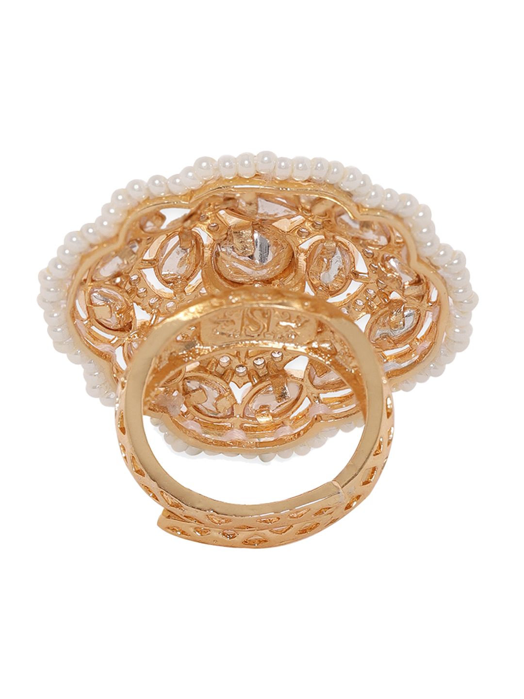 Dhiyona RJ Women's Gold-Plated CZ-Studded & Pearl Beaded Adjustable Finger Ring