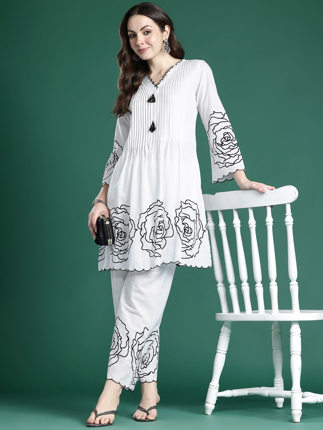 Floral Printed Pleated Mirror Work Pure Cotton Kurta with Palazzos