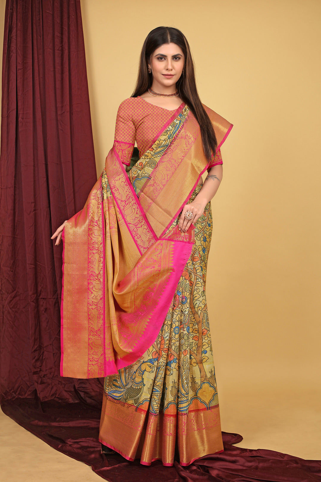 Dhiyona GR Women's Mehendi Green Kalamkari Silk Saree