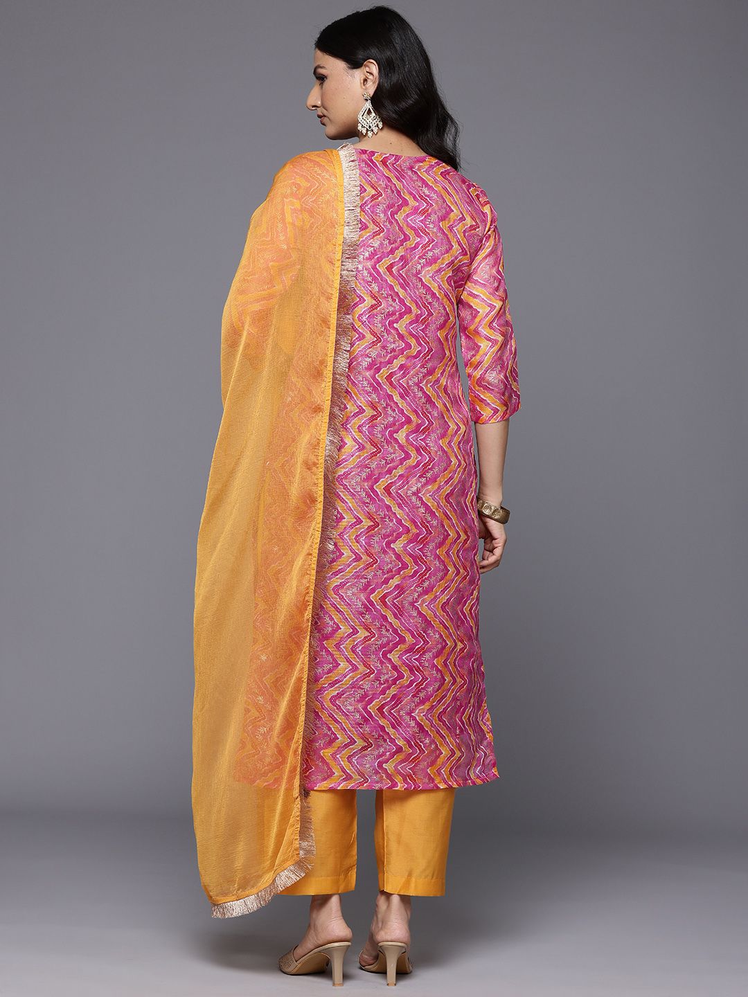 Dhiyona VA Women'sChevron Print Zari Embroidered Kurta with Trousers & With Dupatta